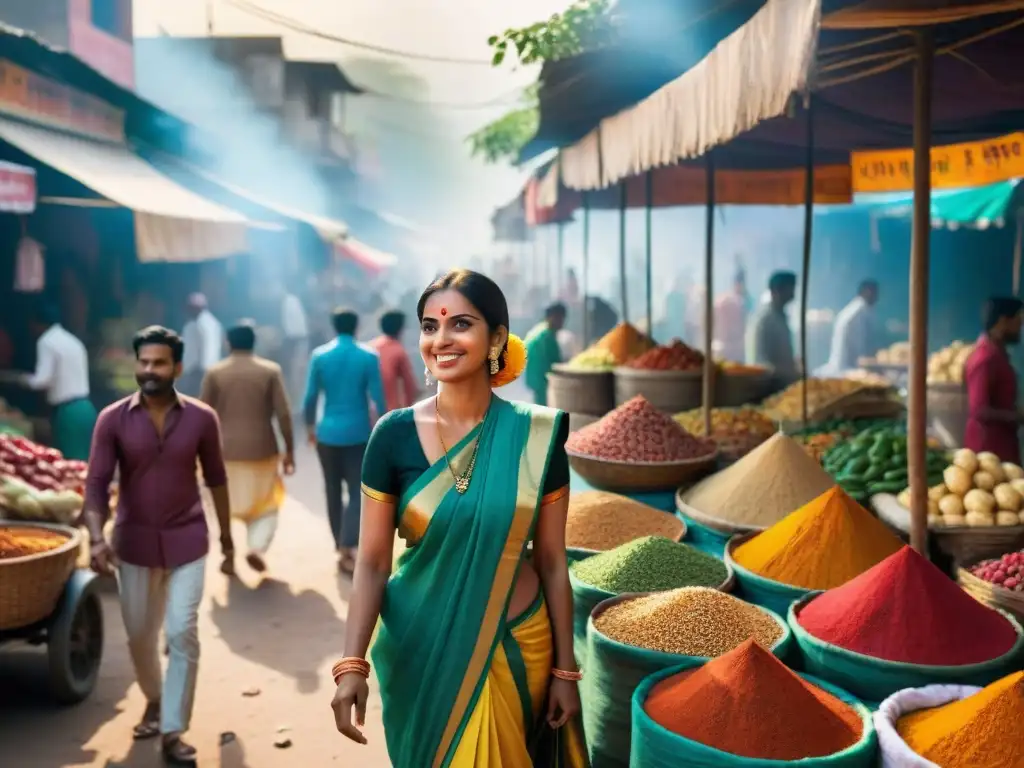 Un mercado callejero vibrante en la India con puestos coloridos de especias, frutas y verduras