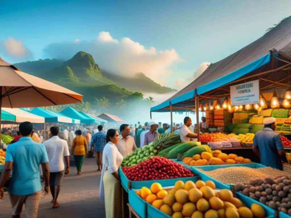 Mercado callejero vibrante en una isla tropical del Océano Índico, lleno de colores y sabores exóticos