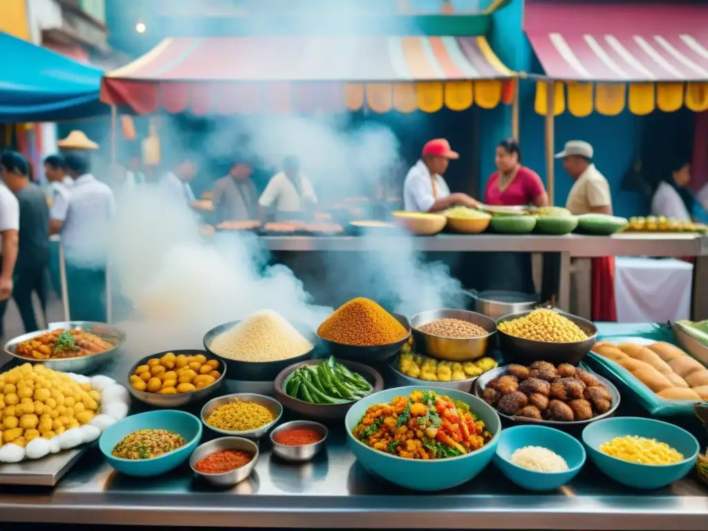 Un mercado callejero vibrante en América Latina con comida callejera gourmet