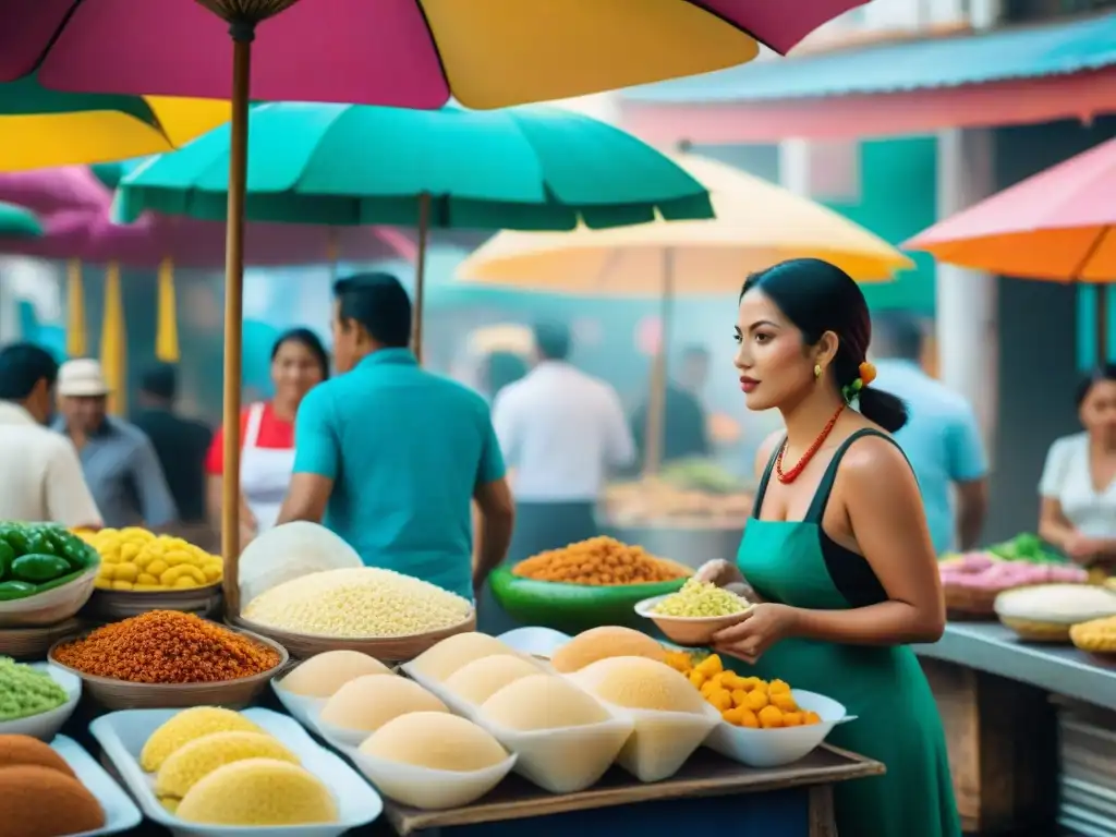 Un mercado callejero vibrante en América Latina, con puestos de arepas, tacos, empanadas y ceviche