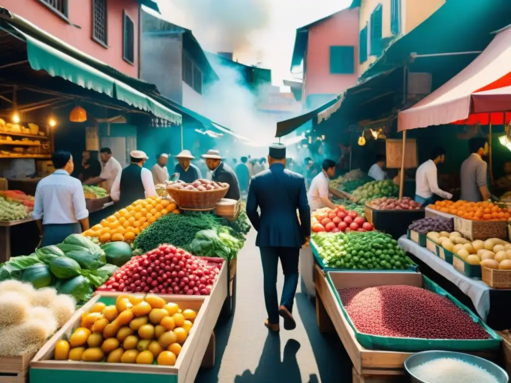 Un mercado callejero vibrante y multicultural, rebosante de colores y sabores del mundo