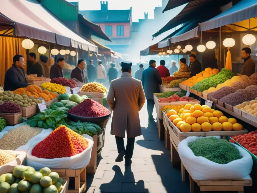 Un mercado callejero vibrante en un país extranjero, lleno de colores y sabores exóticos