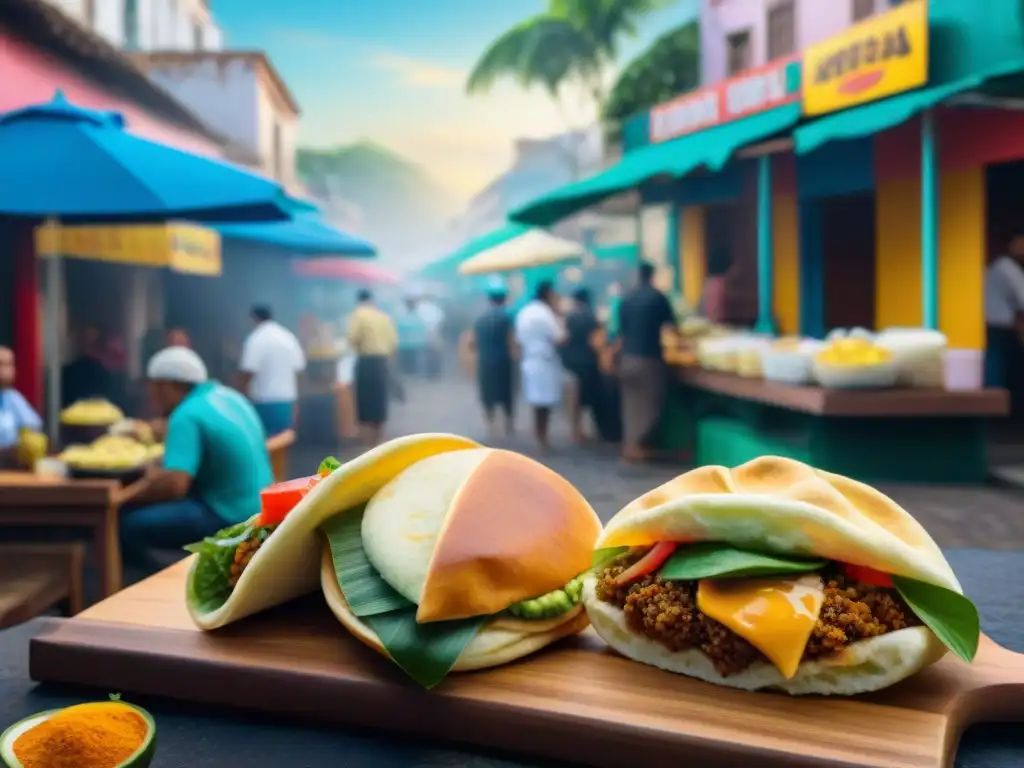 Un mercado callejero vibrante en Latinoamérica con una variedad colorida de puestos de comida tradicional como arepas, tacos, empanadas y ceviche