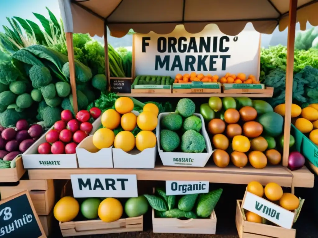 Un mercado campesino rebosante de alimentos orgánicos frescos y coloridos, con beneficios saludables y un futuro sostenible