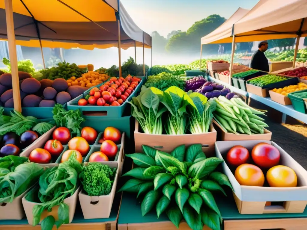 Un mercado campesino rebosante de vegetales y frutas frescas, con colores vibrantes y aromas del campo