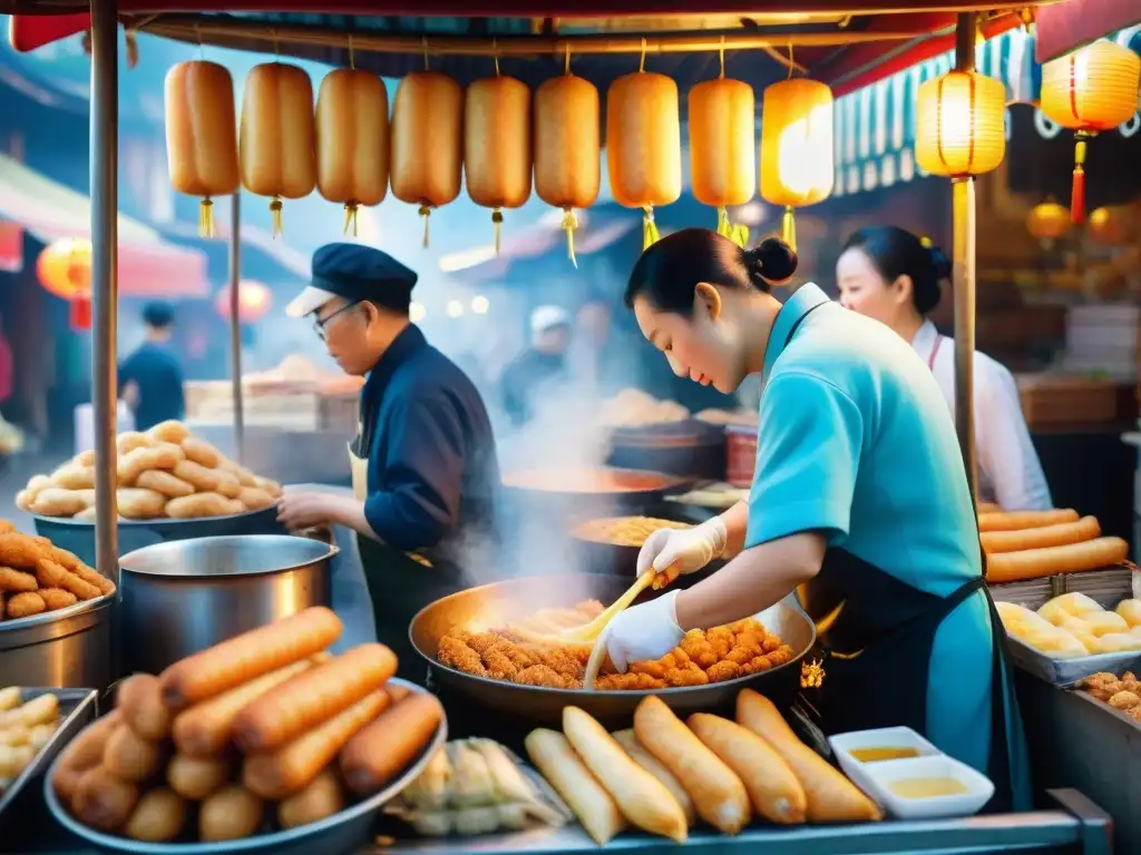 Un mercado chino bullicioso al amanecer, con vendedores locales preparando y vendiendo Youtiao frescos