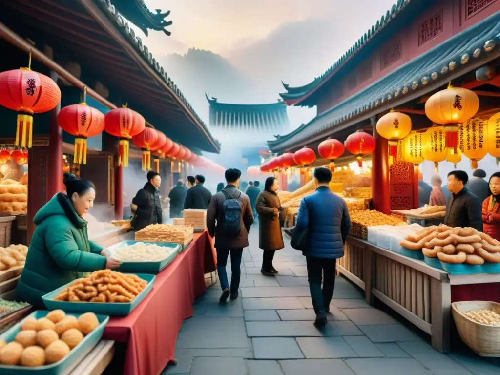 Un mercado chino tradicional rebosante de vida, con vendedores de Youtiao recién fritos y clientes explorando la historia y legado Youtiao chinos