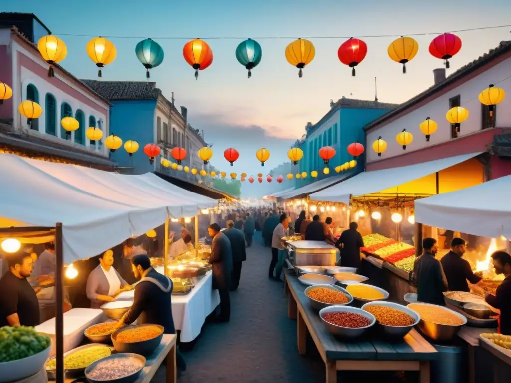 En un mercado de comida al aire libre, vibrante y lleno de vida al anochecer con luces brillantes y deliciosas propuestas culinarias de todo el mundo