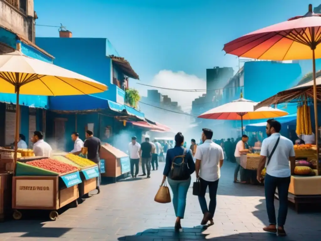 Mercado de comida callejera uniendo comunidades en América Latina bajo un cielo azul vibrante