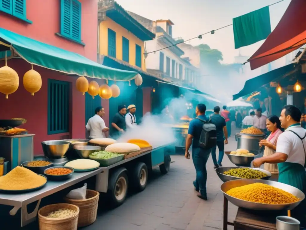 Un mercado de comida callejera gourmet en América Latina, con puestos coloridos y decoraciones tradicionales