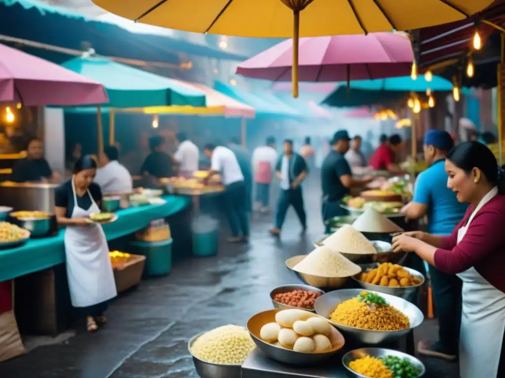 Un mercado de comida callejera en América Latina con chefs preparando ceviche, arepas y tacos gourmet, bajo luces y sombrillas vibrantes