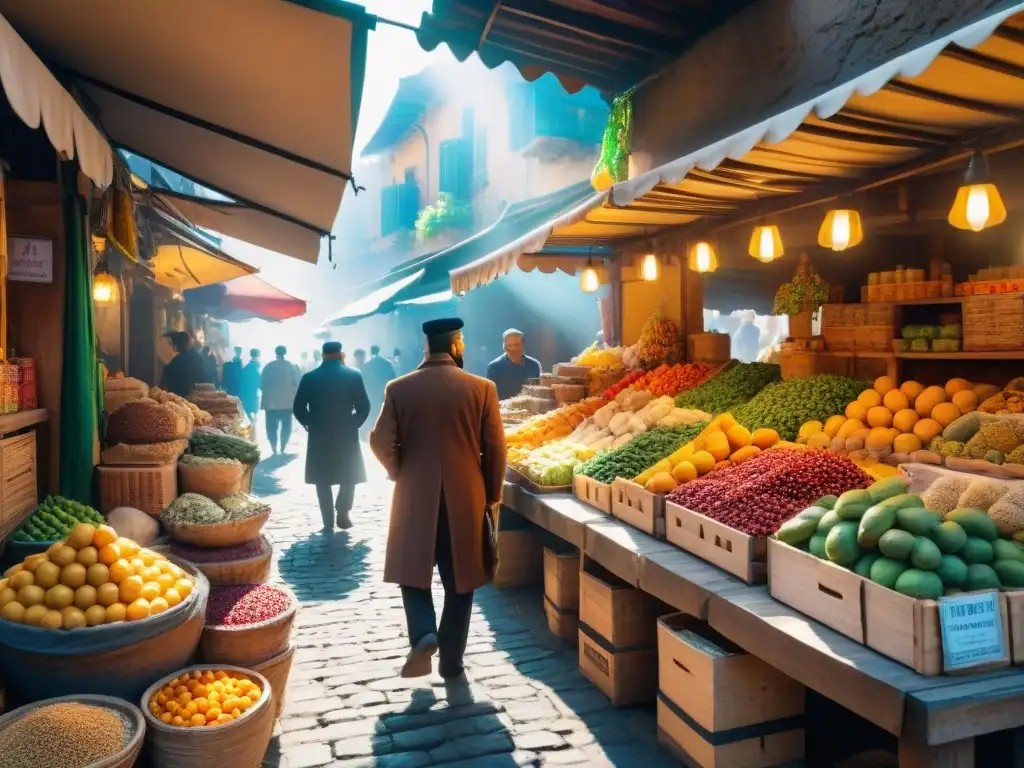 Un mercado de comida escondido en una ciudad antigua, rebosante de colores y sabores