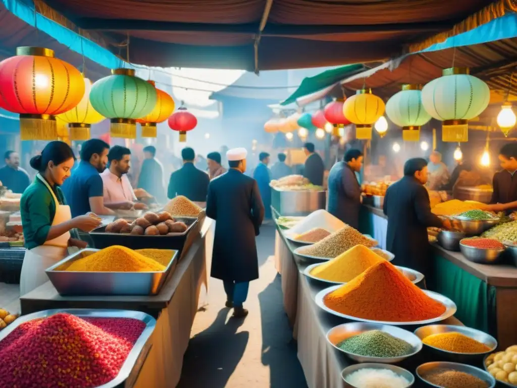 Un mercado culinario vibrante y diverso, con puestos coloridos de diversas cocinas étnicas