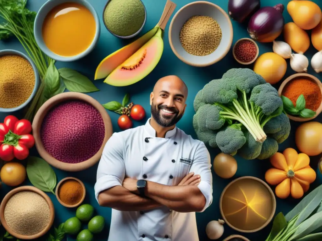 Un mercado culinario vibrante y diverso, enérgico y lleno de vida, que representa la esencia de la fusión étnica en la gastronomía