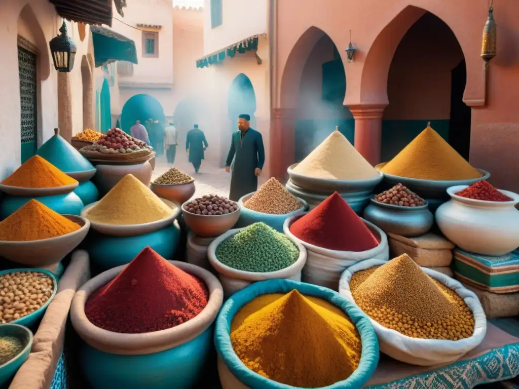 Mercado de especias en Marruecos con colores vibrantes y platos típicos Marruecos gourmet