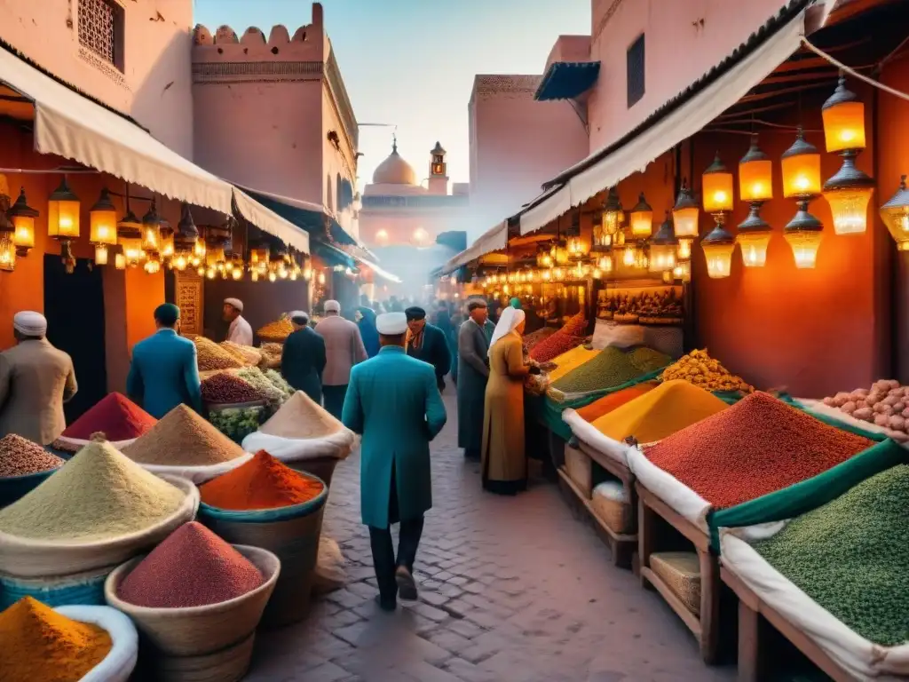 Mercado de especias en Marrakech con exóticas especias y vendedores locales, una aventura culinaria con especias exóticas