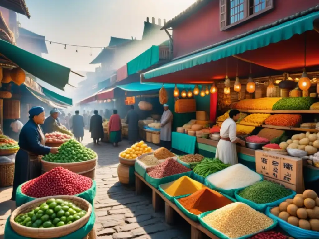 Mercado étnico vibrante con ingredientes variados y gente diversa Un mercado étnico bullicioso con colores vibrantes y una variedad de ingredientes del mundo