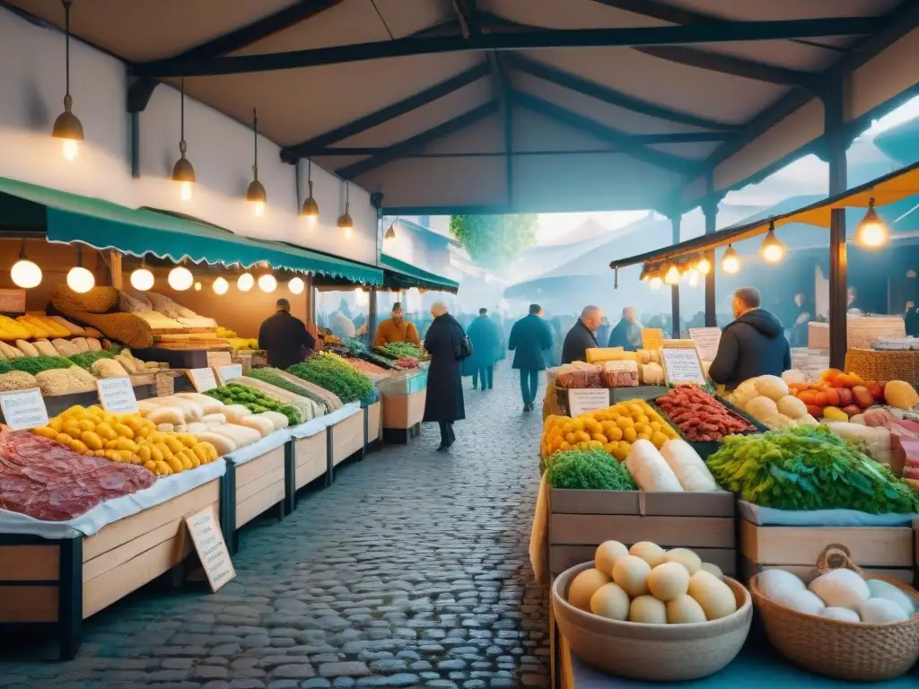 Un mercado europeo bullicioso con descubrimientos gastronómicos en mercados: coloridas frutas y verduras, especias aromáticas y quesos variados