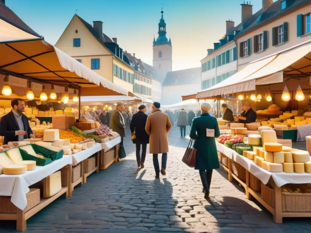 Un mercado europeo lleno de vida y color, con exquisitas Delicatessen gourmet exclusivas mundo