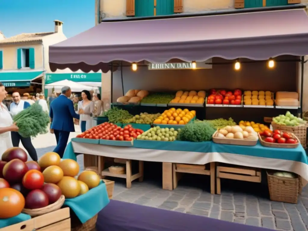 Un mercado francés en Provenza con productos frescos y coloridos, reflejando los orígenes de la cocina francesa contemporánea