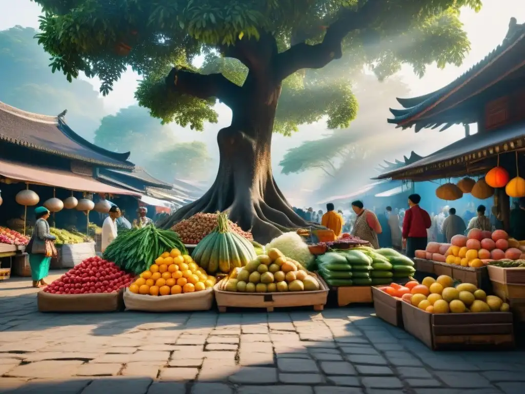 Puesto de mercado en Asia con frutas, verduras y especias coloridas