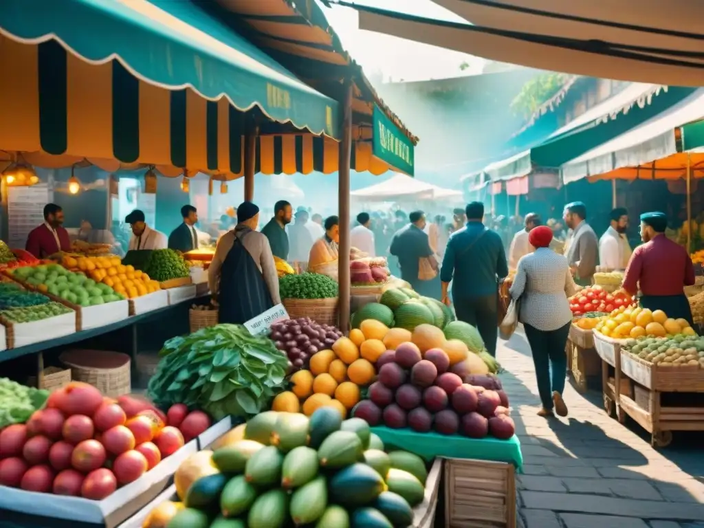 Un mercado gastronómico bullicioso con vibrantes puestos de frutas y especias