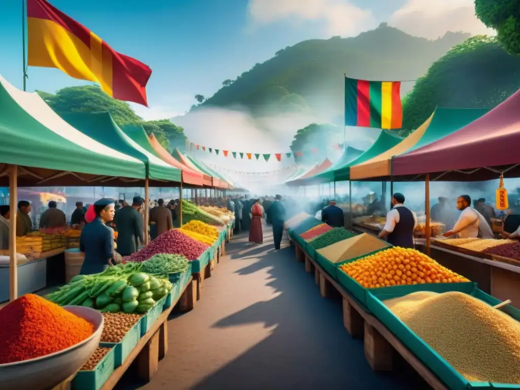 Un mercado gastronómico vibrante con fusión étnica en la gastronomía, chefs preparando platos multiculturales bajo banderas coloridas