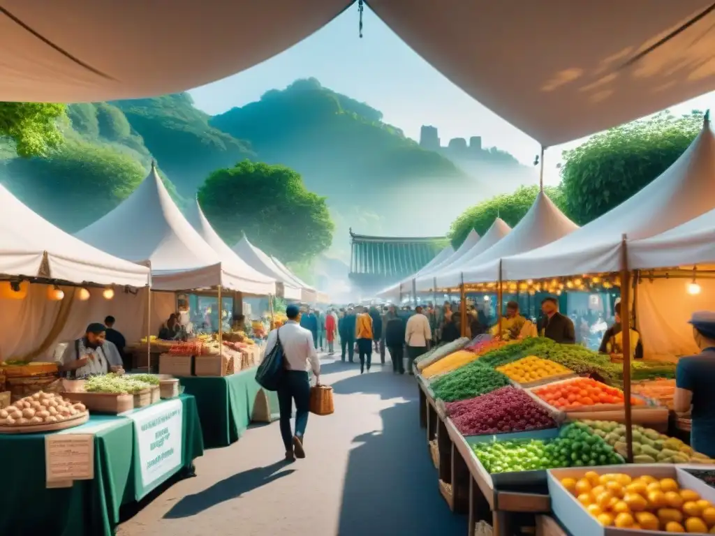Mercado gourmet al aire libre: escena colorida y vibrante Mercado gourmet al aire libre con vendedores de productos artesanales bajo toldos coloridos, clientes diversos y arquitectura histórica, estrategias narrativas marcas gourmet