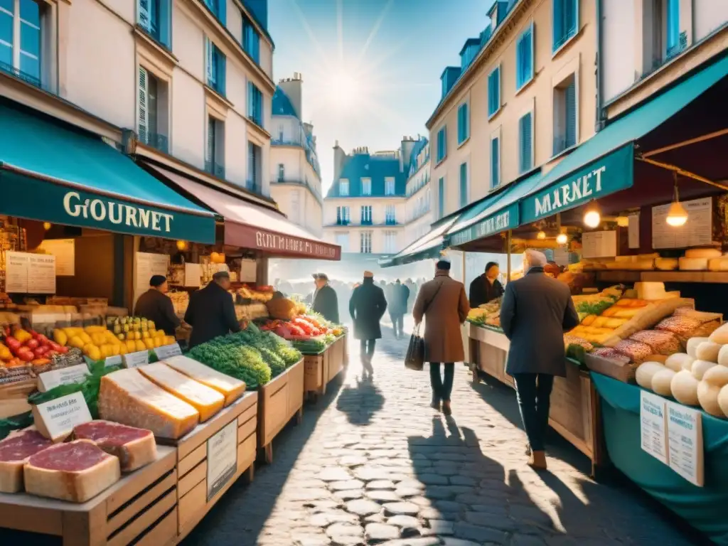 Un mercado gourmet bullicioso en París, lleno de coloridos productos frescos y locales disfrutando