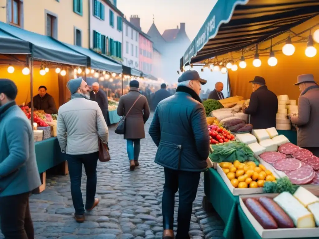 Un mercado gourmet del mundo al atardecer: coloridos puestos de comida y ambiente acogedor