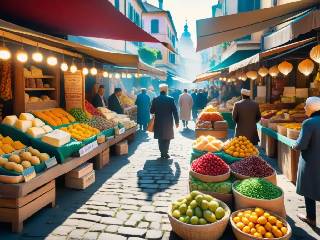 Un mercado gourmet del mundo: coloridas frutas, quesos artesanales, pan recién horneado y especias aromáticas en un bullicioso escenario de compras