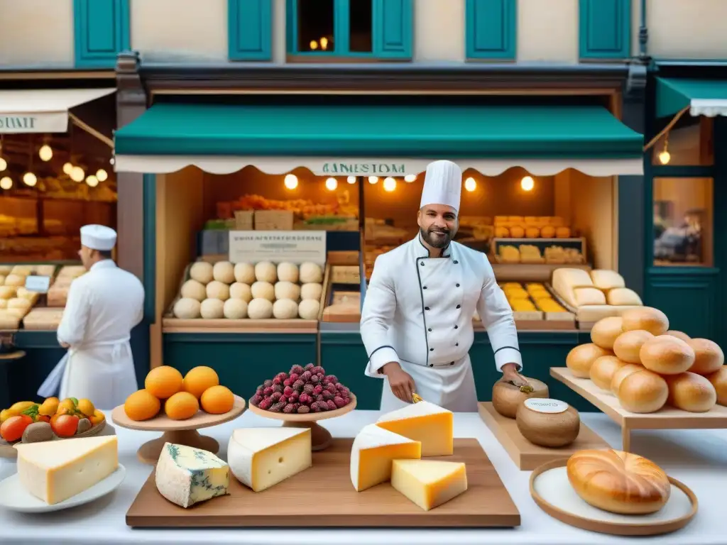 Un mercado gourmet en París, con quesos, pan fresco, especias y frutas coloridas