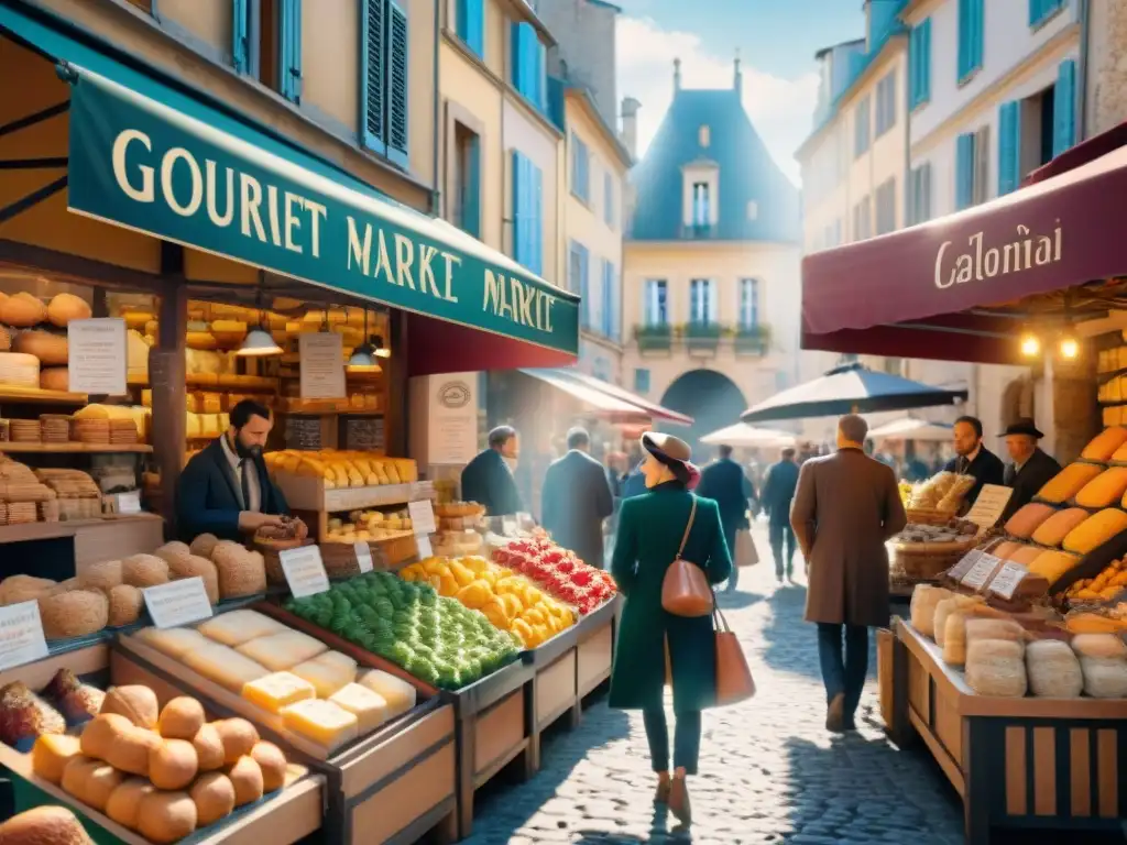 Un mercado gourmet en Francia rebosante de vida y color, con puestos de frutas, quesos y delicias de todo el mundo