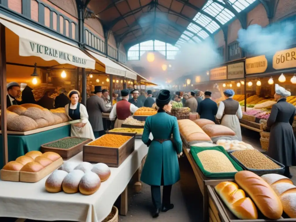 Un mercado gourmet del siglo XIX durante la Revolución Industrial, con vendedores, comida fresca y clientes victorianos