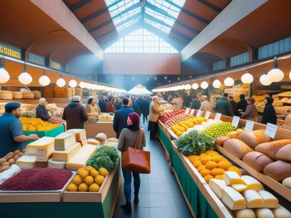 Un mercado gourmet vibrante y lleno de vida, con puestos coloridos repletos de frutas exóticas, quesos artesanales y especias variadas