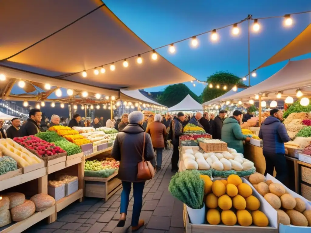 Un mercado gourmet vibrante con puestos de frutas exóticas, quesos artesanales y flores coloridas bajo luces brillantes