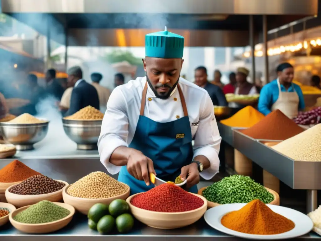 Un mercado internacional bullicioso con influencia de la diáspora africana: chef prepara plato tradicional rodeado de colores y sabores