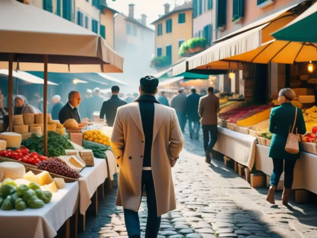 Un mercado italiano bullicioso, lleno de puestos coloridos y productos frescos, captura la esencia de grandes nombres gourmet