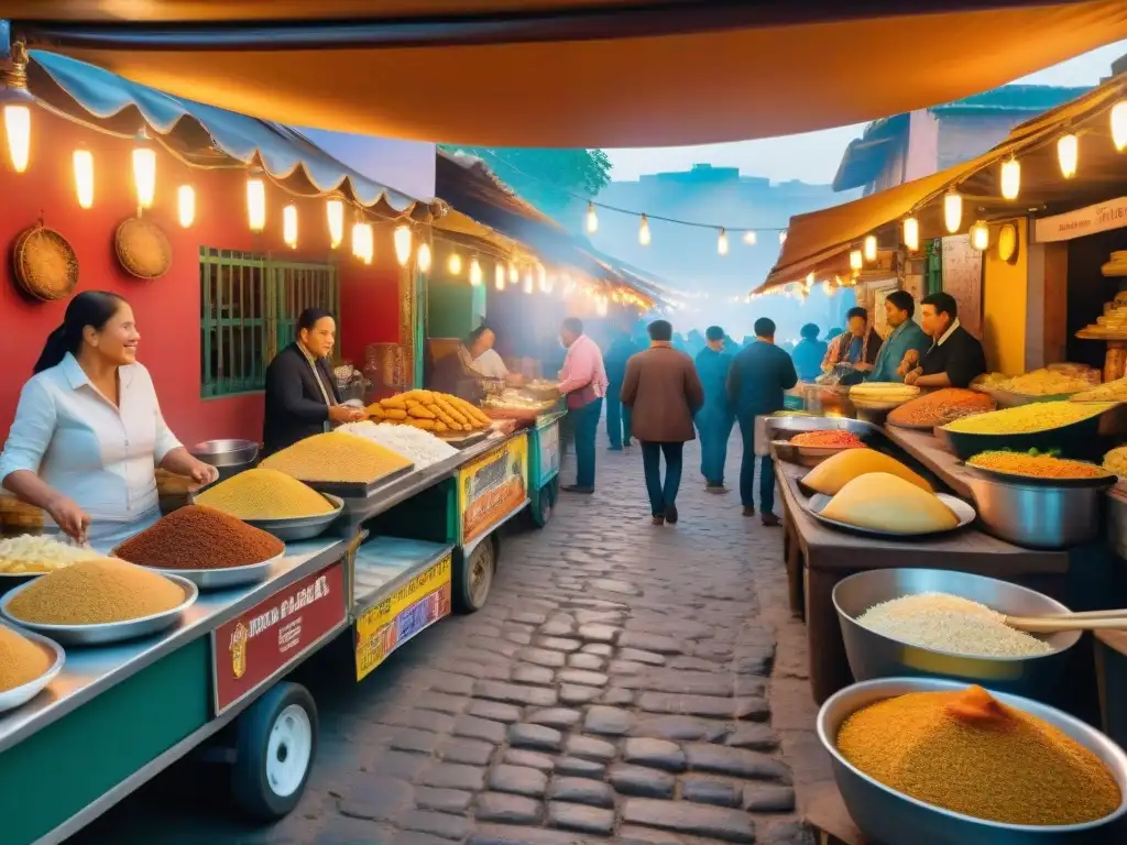 Un mercado latinoamericano bullicioso con coloridos puestos de comida callejera tradicional, locales y turistas disfrutando bajo la cálida luz de las guirnaldas, capturando la vibrante historia de la comida callejera latinoamericana