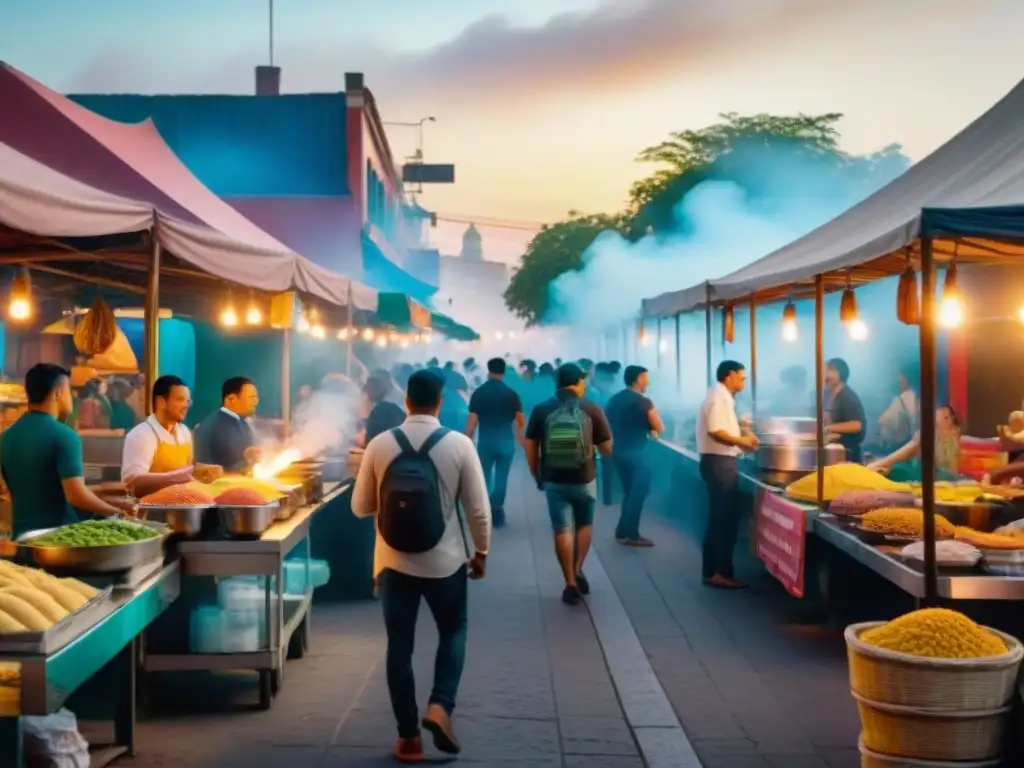 Un mercado latinoamericano bullicioso al anochecer, iluminado por cálidas luces y coloridos puestos de comida