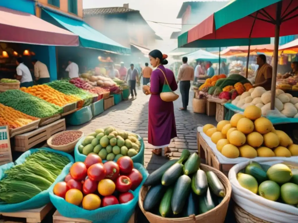 Un mercado latinoamericano vibrante y bullicioso con puestos de frutas, verduras y especias frescas, lleno de vida y color