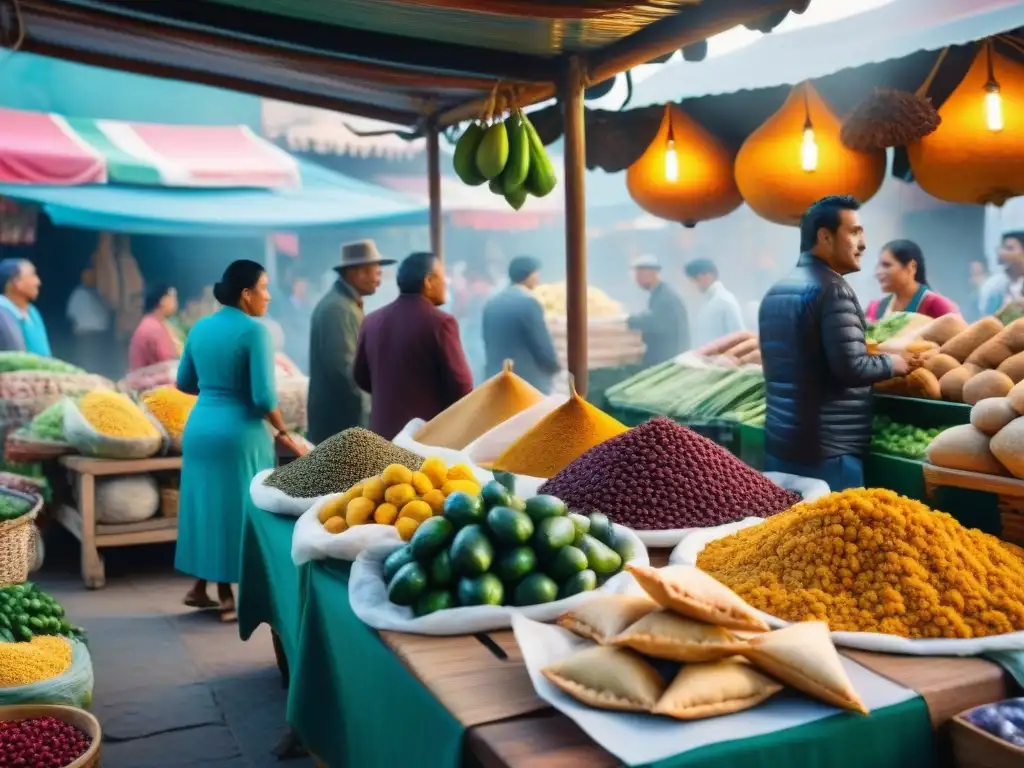 Un mercado latinoamericano vibrante y bullicioso, lleno de puestos coloridos rebosantes de frutas, verduras y especias exóticas