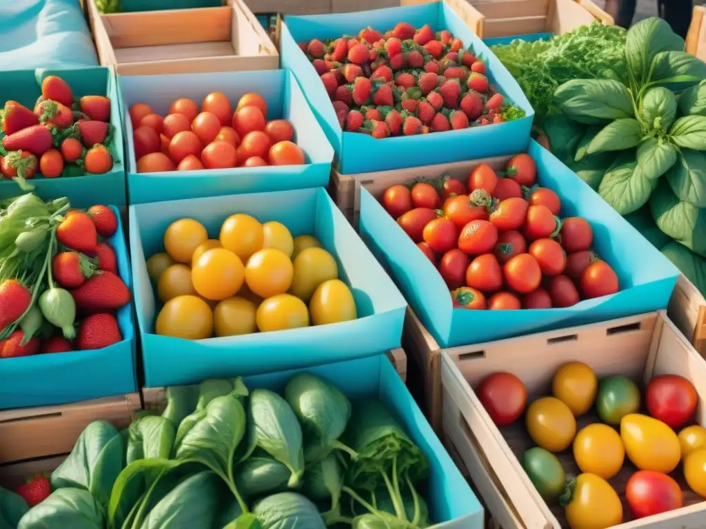 Un mercado lleno de alimentos orgánicos beneficios salud bienestar, donde colores y frescura se fusionan bajo el sol