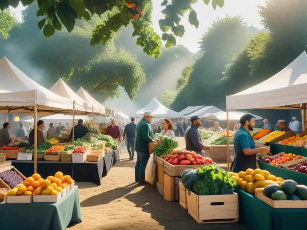 Un mercado lleno de vida con productos frescos y coloridos, chefs seleccionando ingredientes con granjeros locales