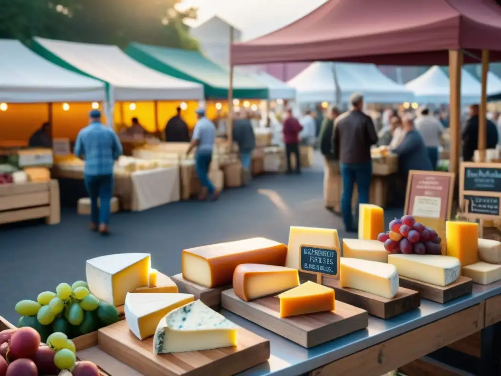 Un mercado lleno de vida en América, con quesos americanos de sabores únicos en puestos artesanales