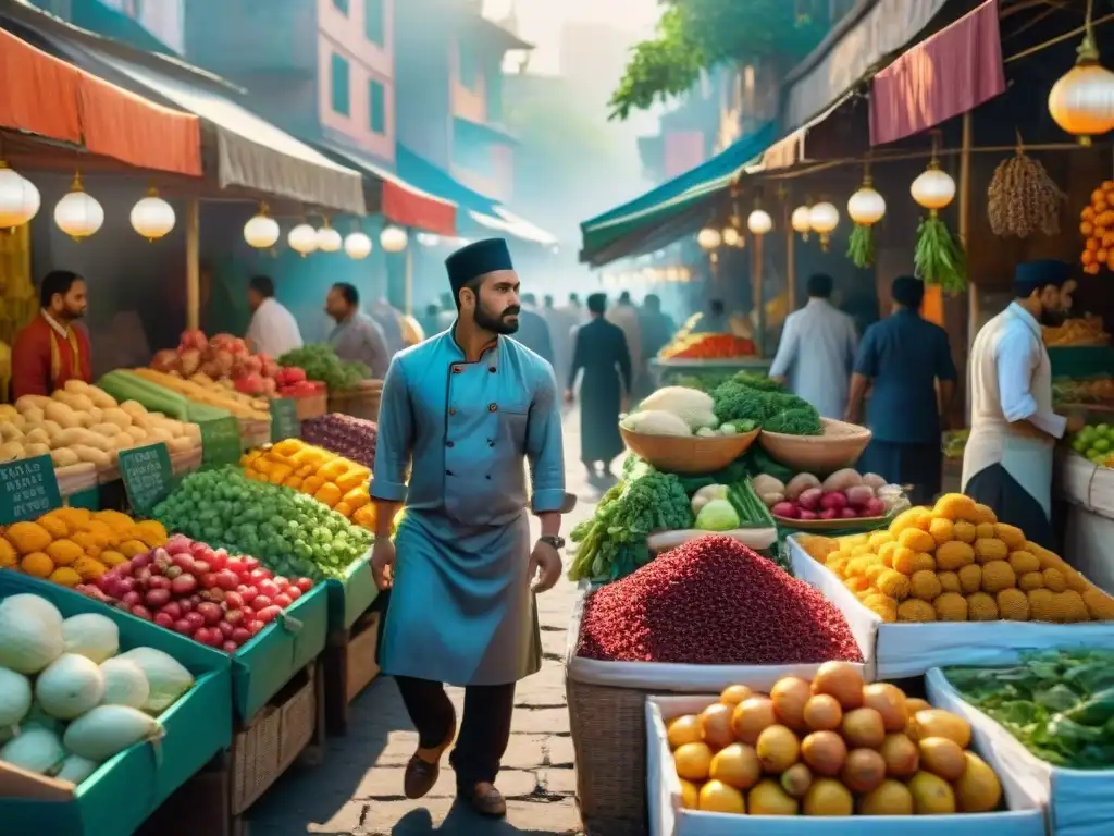 Un mercado local bullicioso en una ciudad escondida, con puestos rebosantes de frutas y especias coloridas