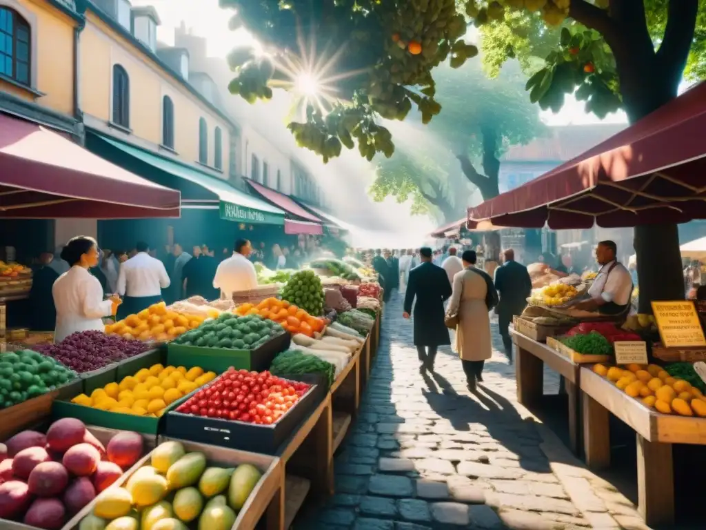 Un mercado local bullicioso y colorido, con puestos rebosantes de frutas, verduras y especias frescas bajo la luz del sol