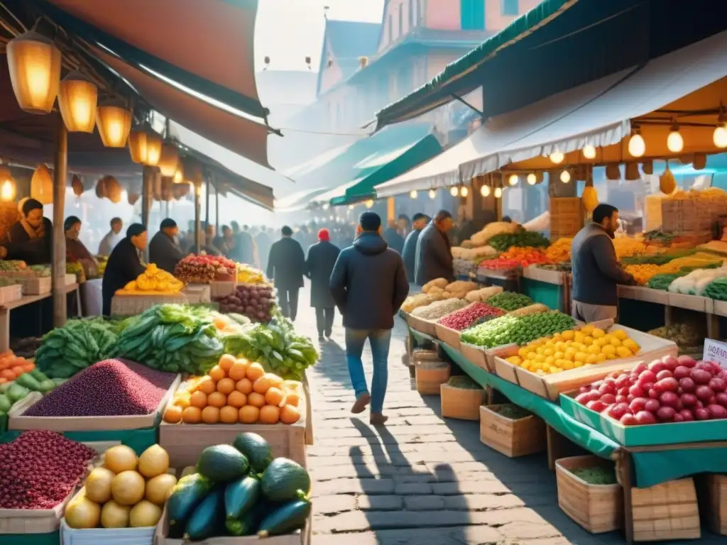 Un mercado local bullicioso y colorido, lleno de frutas, verduras y especias vibrantes bajo una cálida luz solar