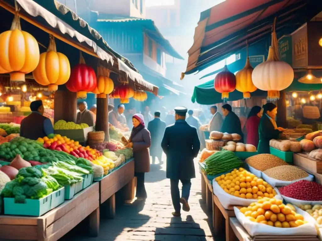 Un mercado local bullicioso con historias, pasión y sabor en cada puesto de frutas, verduras y especias