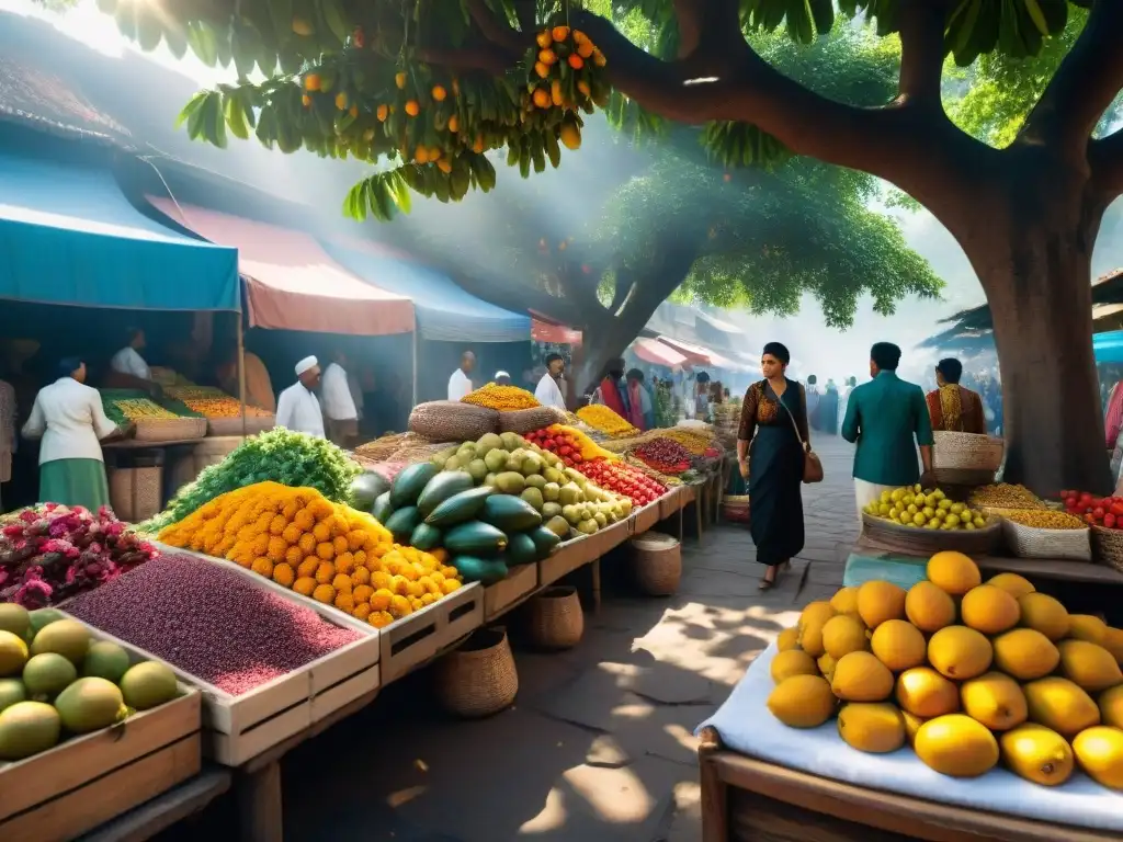 Un mercado local bullicioso lleno de puestos vibrantes rebosantes de frutas coloridas, especias exóticas y artesanías